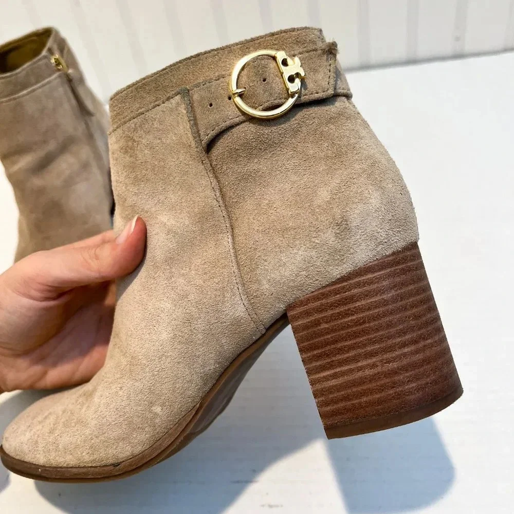 Tory Burch Sophia Tan Suede Block Heel Designer Bohemian Logo Booties 6 WORN